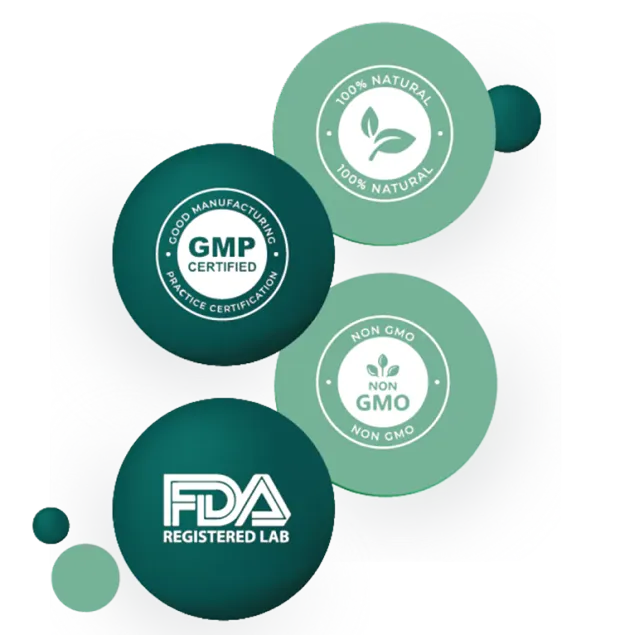 Sellos de calidad Plennia: GMP Certified, FDA Registered Lab, Non GMO y 100% natural